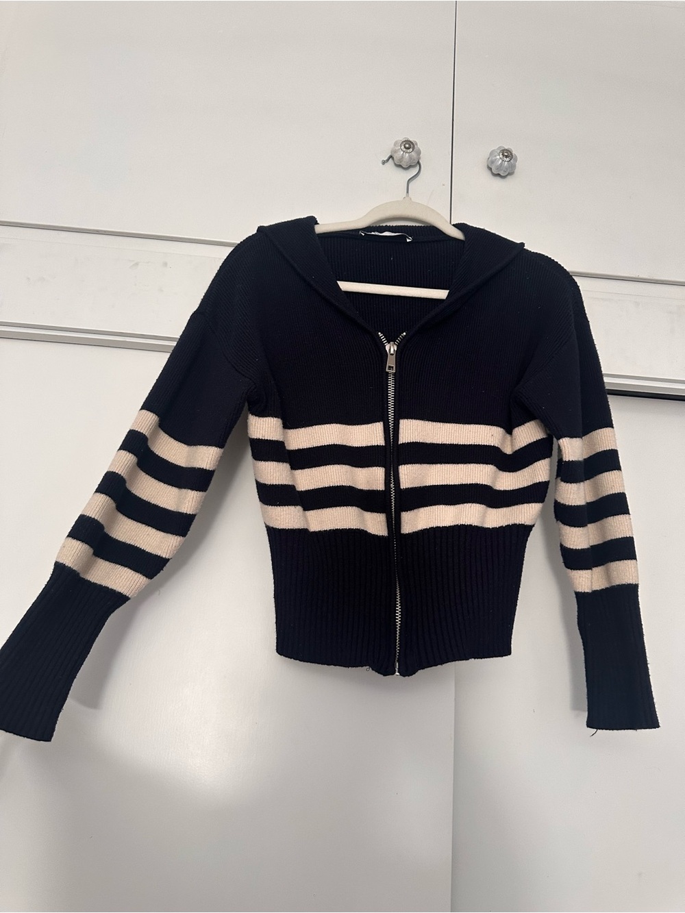 Zara navy & Cream Striped Zip Hooded Cardigan